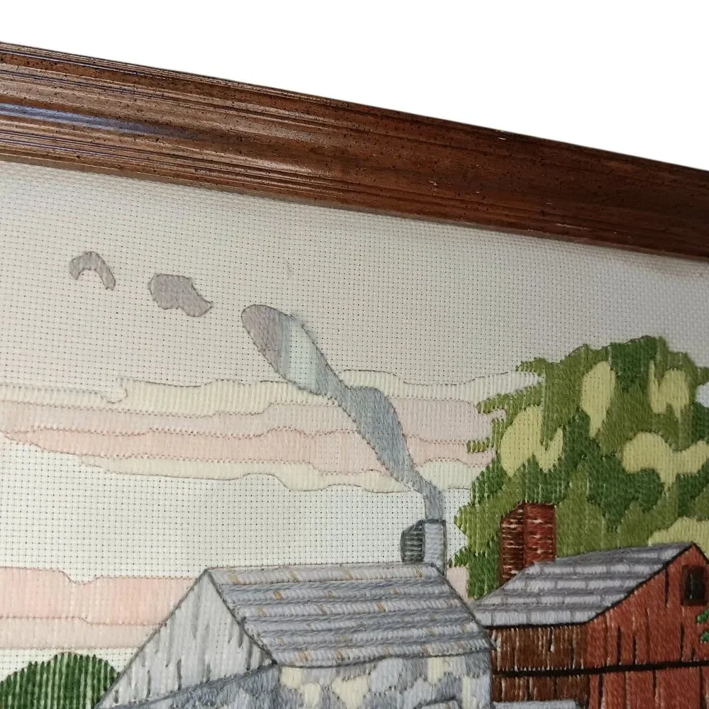 Barn Mill Stream Picture Crewel Embroidery Wood Framed 22.25